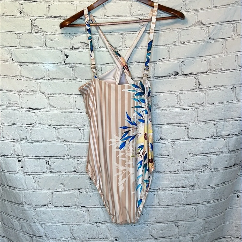 Athena Tan White Striped Floral Halter Swimsuit Size 6 Excellent Condition